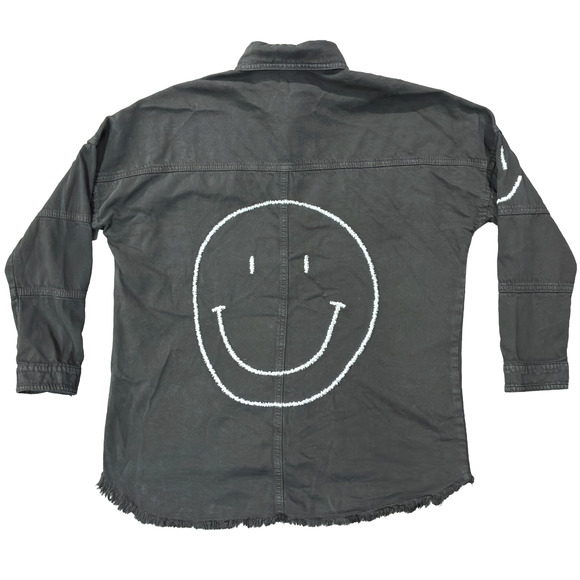 Elan Dolly Jacket Shirt Top Button Fray Women's Extra Small Black Smiley Shacket - Picture 1 of 15